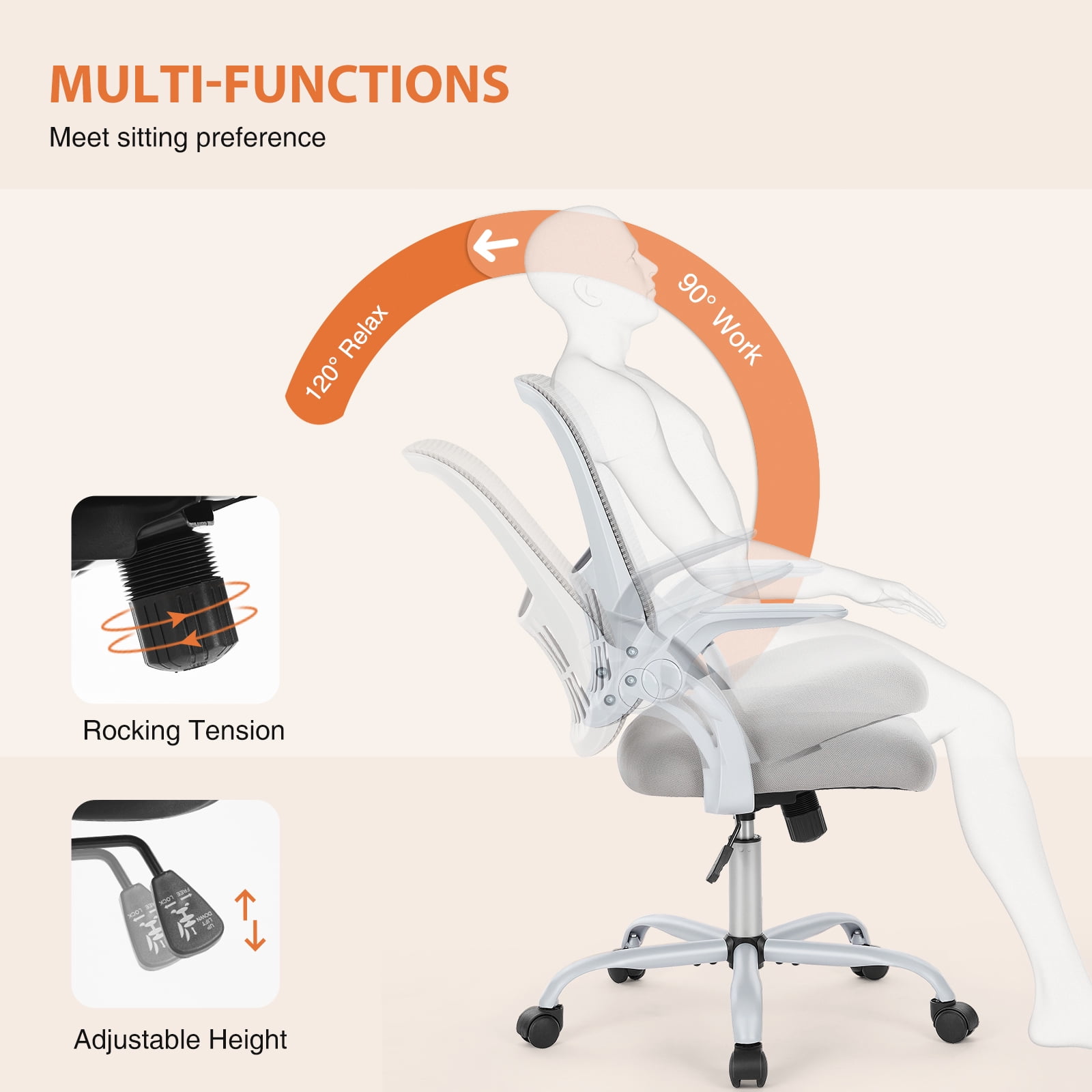 JIOABL Ergonomic Office Desk Chair, Adjustable and Flip-up Armrest Mesh Computer Chair with Lumbar Support Armrest Swivel Task Chair for Adults, Gray