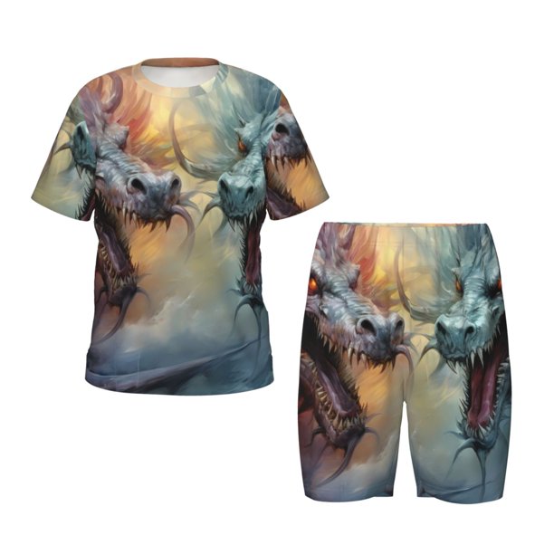 Fotbe White And Red Storm Dragon Pijama Estampada de 2 Piezas para Niños – Ropa de Dormir de Manga Corta Cómoda para Niños y Niñas, Camiseta y Shorts de Algodón-Medium
