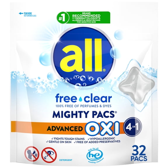 all free clear MIGHTY PACS Advanced OXI Laundry Detergent Pacs for Sensitive Skin, 32 Count