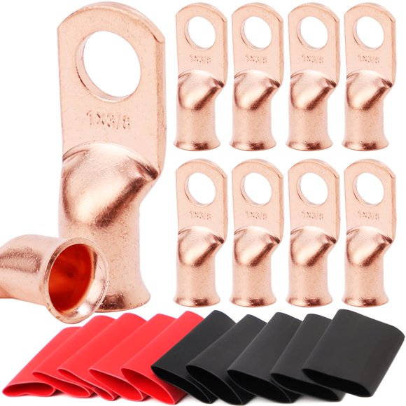 10 Pcs 1 Cosse de Batterie AWG-3/8 Pouces, Cosse en Fil de Cuivre, Embouts de Câble de Batterie UL Listed, Bornes Tubulaires, Cosse en Fil AWG Coussin, Connecteurs de Borne de Batterie avec Tuyauterie Rétractable à la Chaleur 3:1