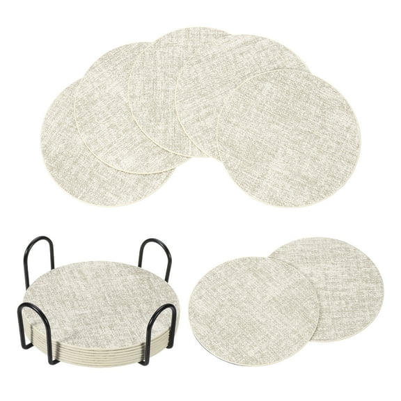 Uxcell 8Pcs Drink Coasters with Holder, 4"x4" Dual Sided Round Coasters, Beige