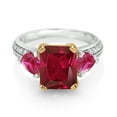 thumbnail image 2 of Gem Stone King 925 Sterling Silver and 10k Yellow Gold Red Created Ruby 3 Stone Engagement Ring for Women (4.85 Cttw, Octagon Cut 10X8MM, Size 6), 2 of 4