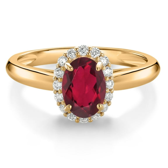 Gem Stone King 10K Yellow Gold Ruby Red Mystic Topaz and White Lab Grown Diamond Halo Engagement Ring for Women (0.93 Cttw, Gemstone, Oval 7X5MM, Size 6)