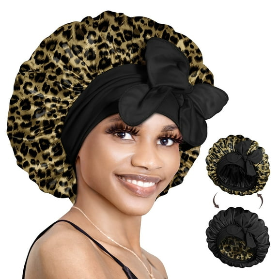 Double Layer Reversible Silky Satin Bonnet with Tie Band Leopard