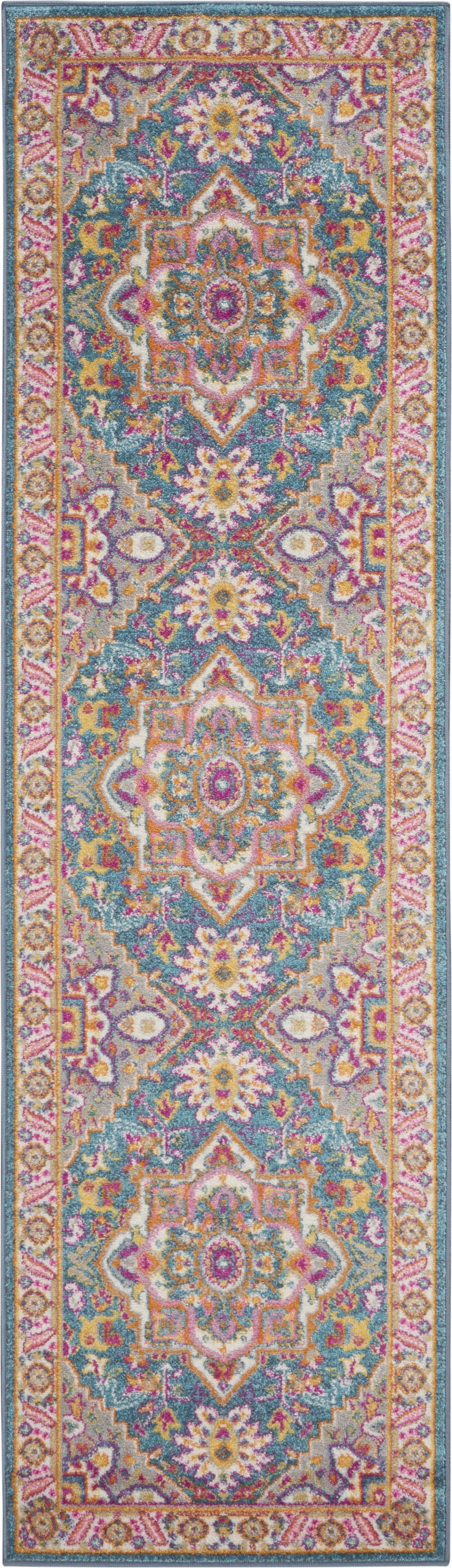 Nourison Passion Teal Multicolor 2'2" x 10' Area Rug, Boho, Transitional, Bed Room, Living Room, Dining Room, Kitchen, , Easy Cleaning, Non Shedding (10' Runner)