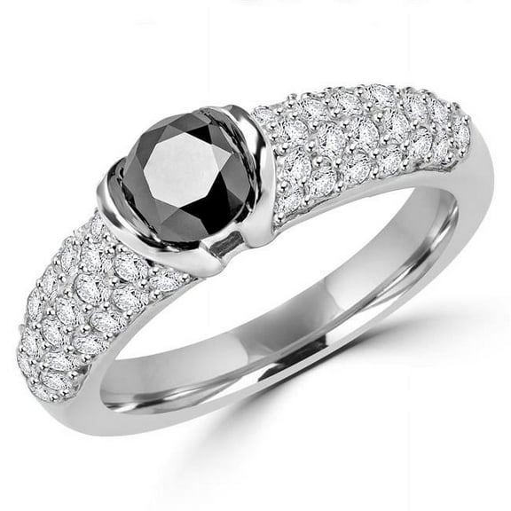 MDR170096-6.5 1.33 CTW Round Black Diamond Cocktail Ring in 14K White Gold - Size 6.5