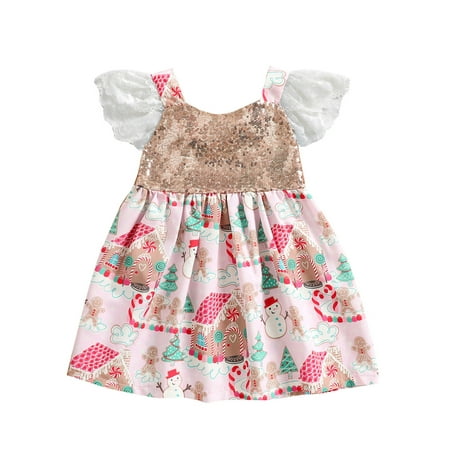 

Nokpsedcb Kids Girls Christmas Dress Sequins Cartoon U-Neck Xmas Dress Lace Ruffle Short Sleeve Dress Pink 4-5 Years