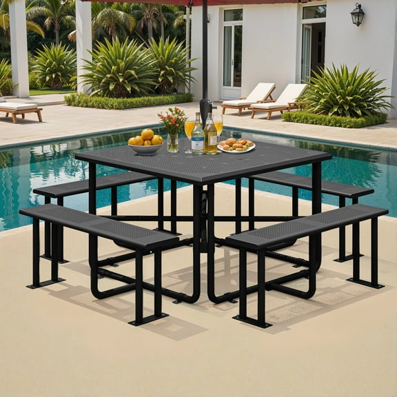 ModFusion 46" Heavy-Duty Square Picnic Table and Bench Sets with Sturdy Coated Steel Frame & Umbrella Hole for Patio Garden Backyard Parties, Up to 8 People, Black