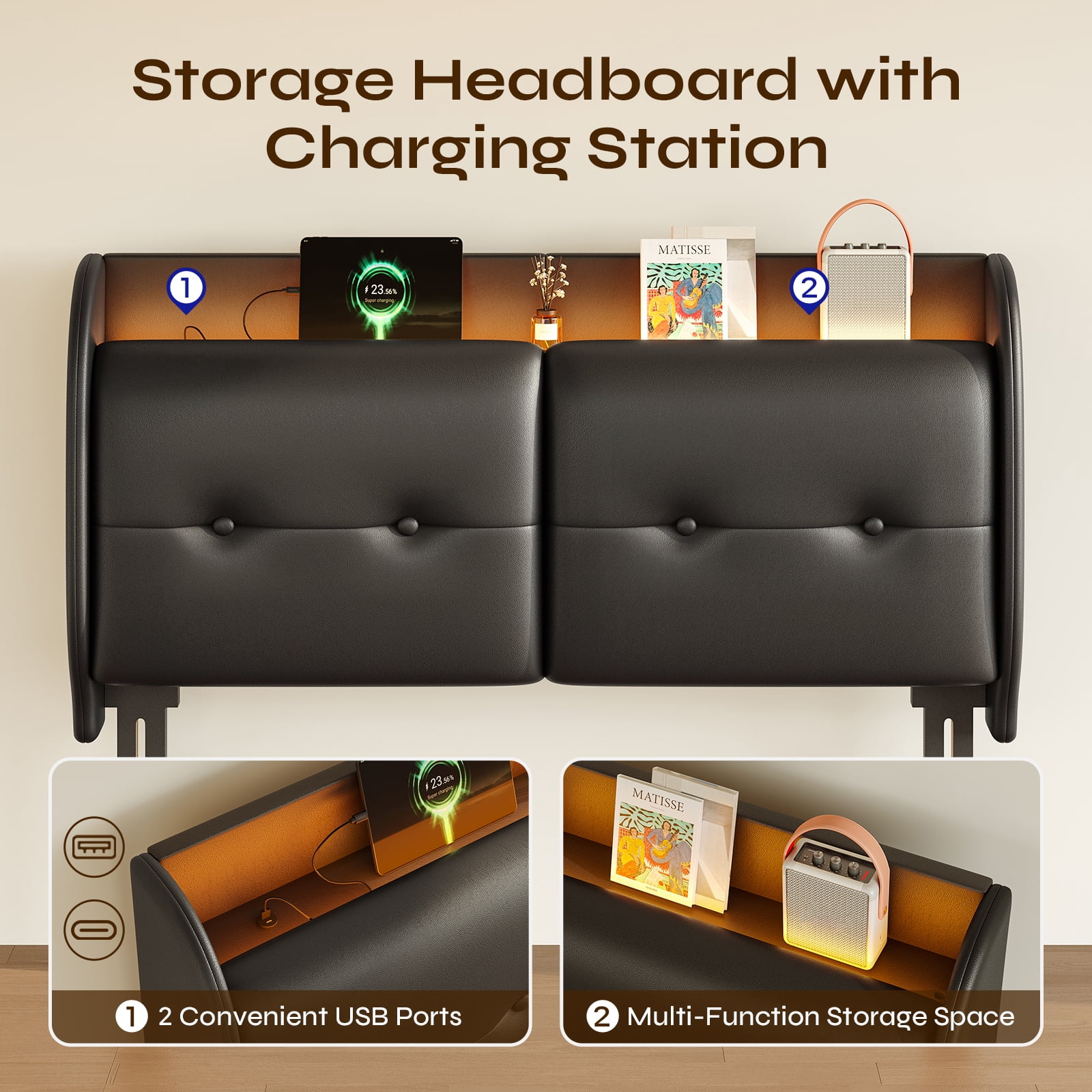 Pinmoco Queen Upholstered Headboard with Storage & Charging Station, LED Wingback Adjustable Headboard, PU Leather Headboard Only, Black