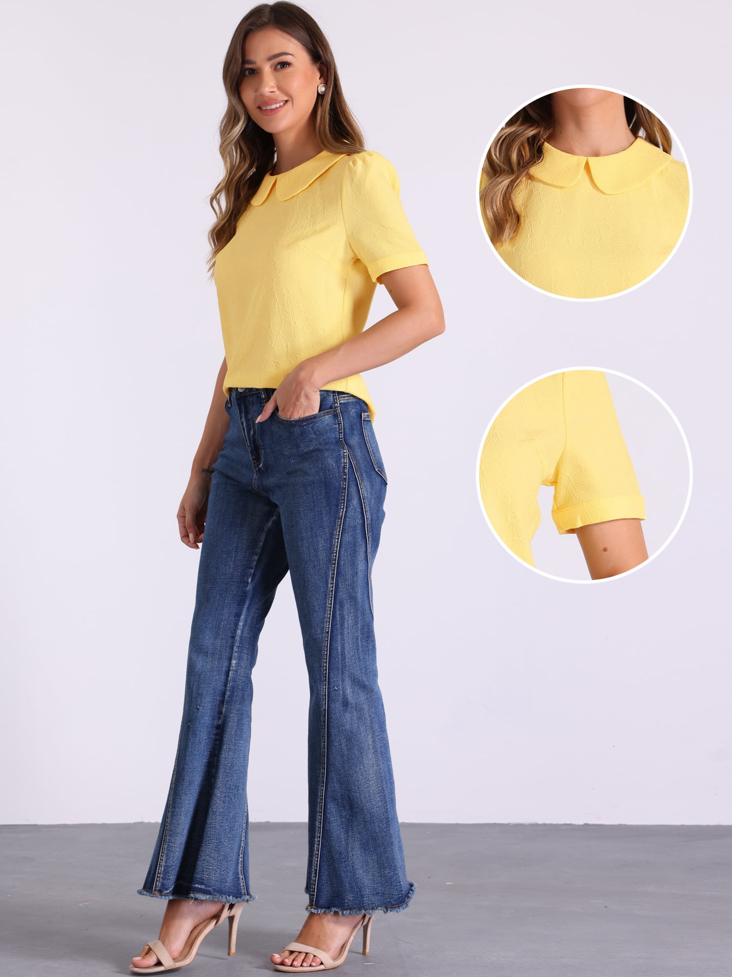 DARING DIVA Floral Puff Kawaii Peter Pan Collar Blouse M Yellow