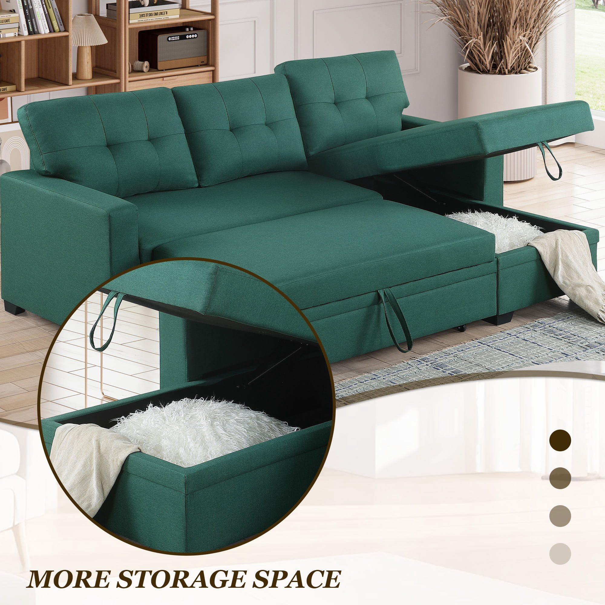 MOONMISS Sectional Sofa Bed with Storage and Soft Seat ,Reversible Pull Out Couch for Living Room,Green