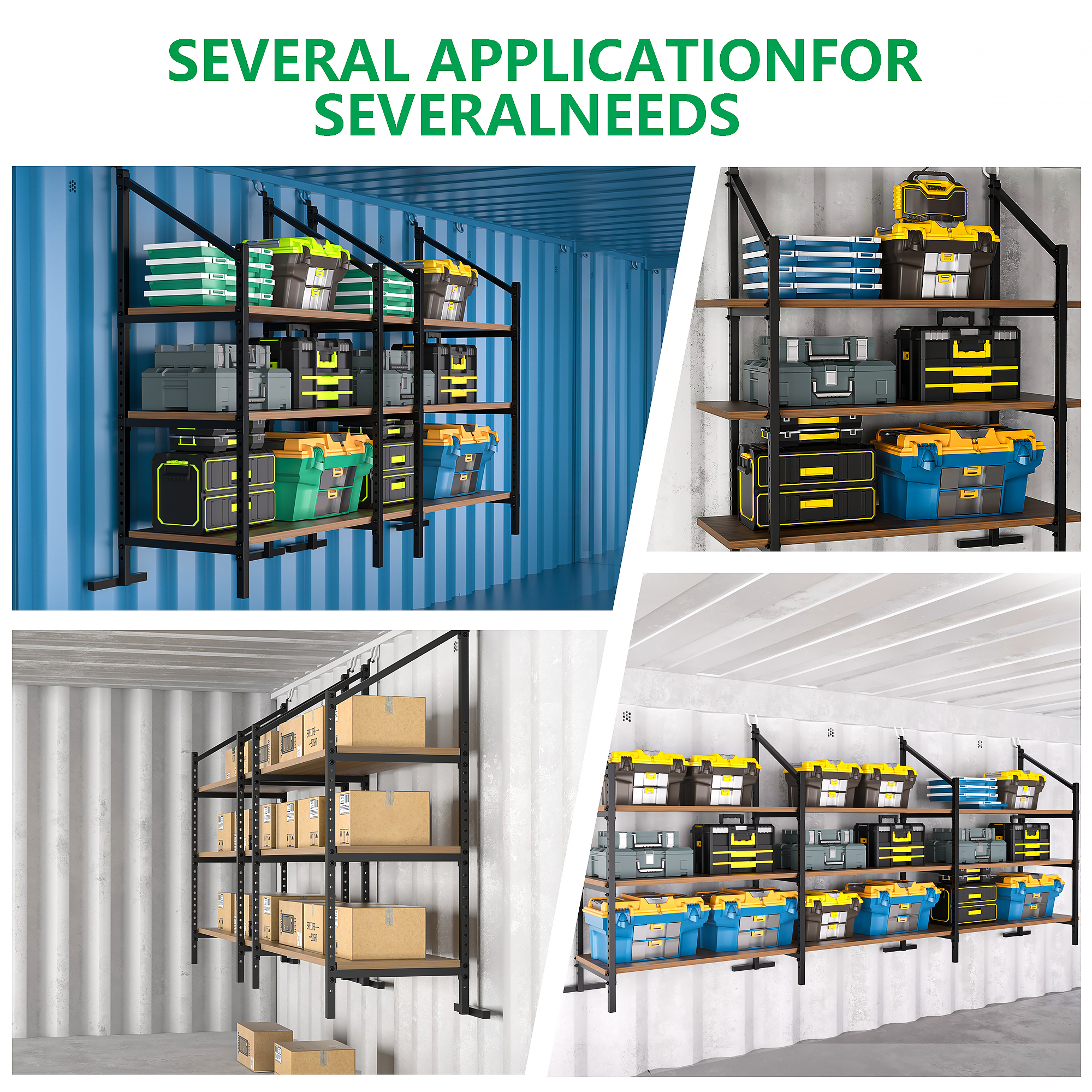 Heavy-Duty Shipping Container Shelving 4-Pack - Adjustable 3-Tier Steel Shelves, 800lb Load Rating per Bracket for Garage & Workshop Storage