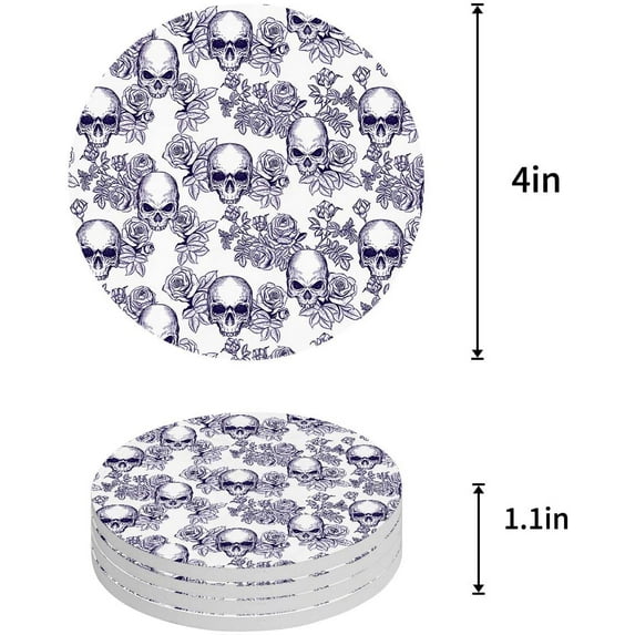 FMSHPON Minimalistic Style Skull and Roses Purple Set of 6 Round Coaster for Drinks, Absorbent Ceramic Stone Coasters Cup Mat with Cork Base for Home Kitchen Room Coffee Table Bar Decor