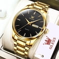thumbnail image 3 of Reloj de oro para hombre Reloj de vestir de negocios de cuarzo analógico Fecha Acero inoxidable Clásico Lujo Luminoso Impermeable Reloj casual para hombre Acero inoxidable dorado Esfera negra, 3 of 5