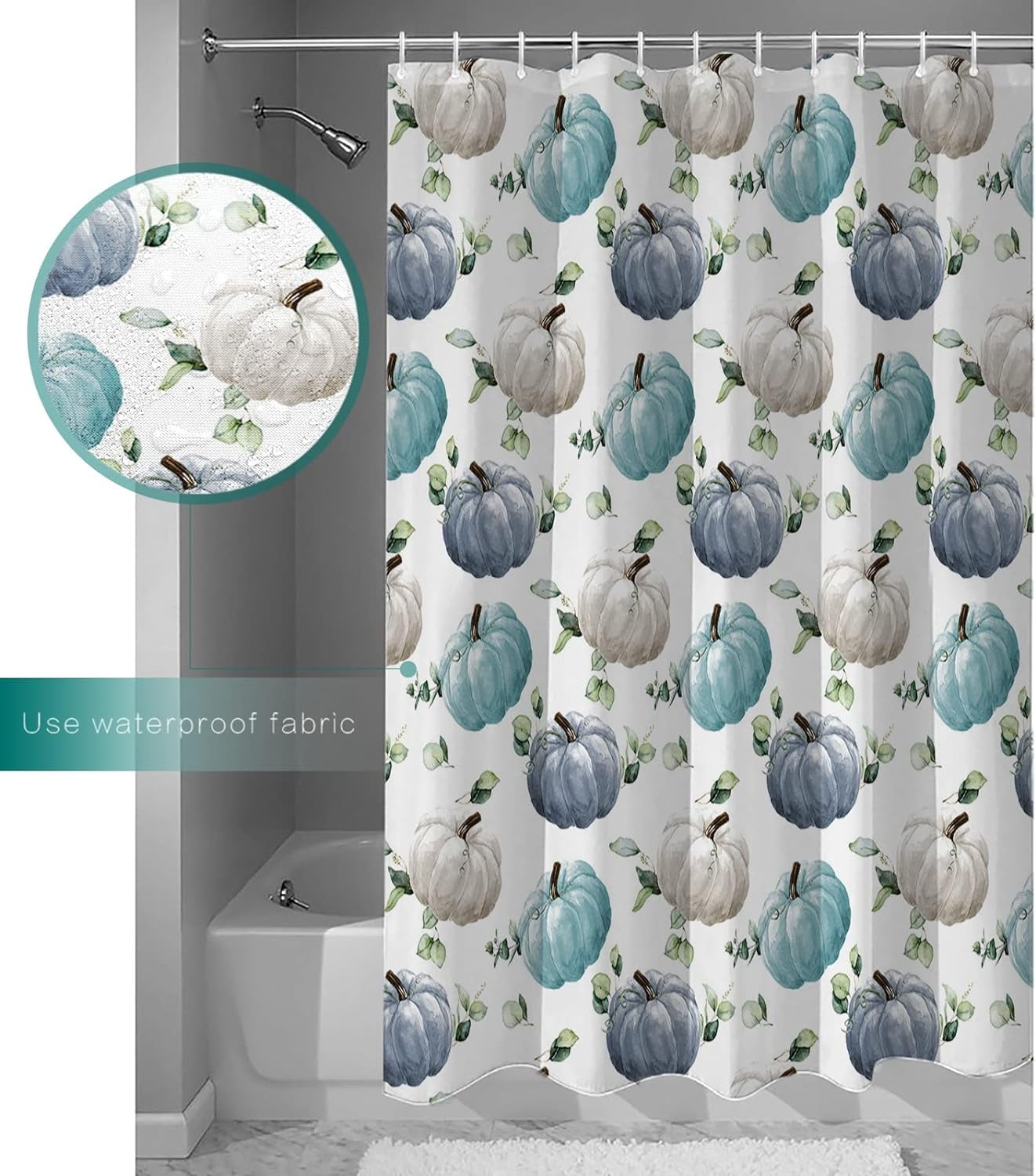 Fall Shower Curtain Watercolor Pumpkin Blue White Shower Curtains for Bathroom Green Eucalyptus Leaves Bath Curtains Sets for Autumn Thanksgiving Seasonal Bathroom Decor Fabric Waterproof 72 x 72 in