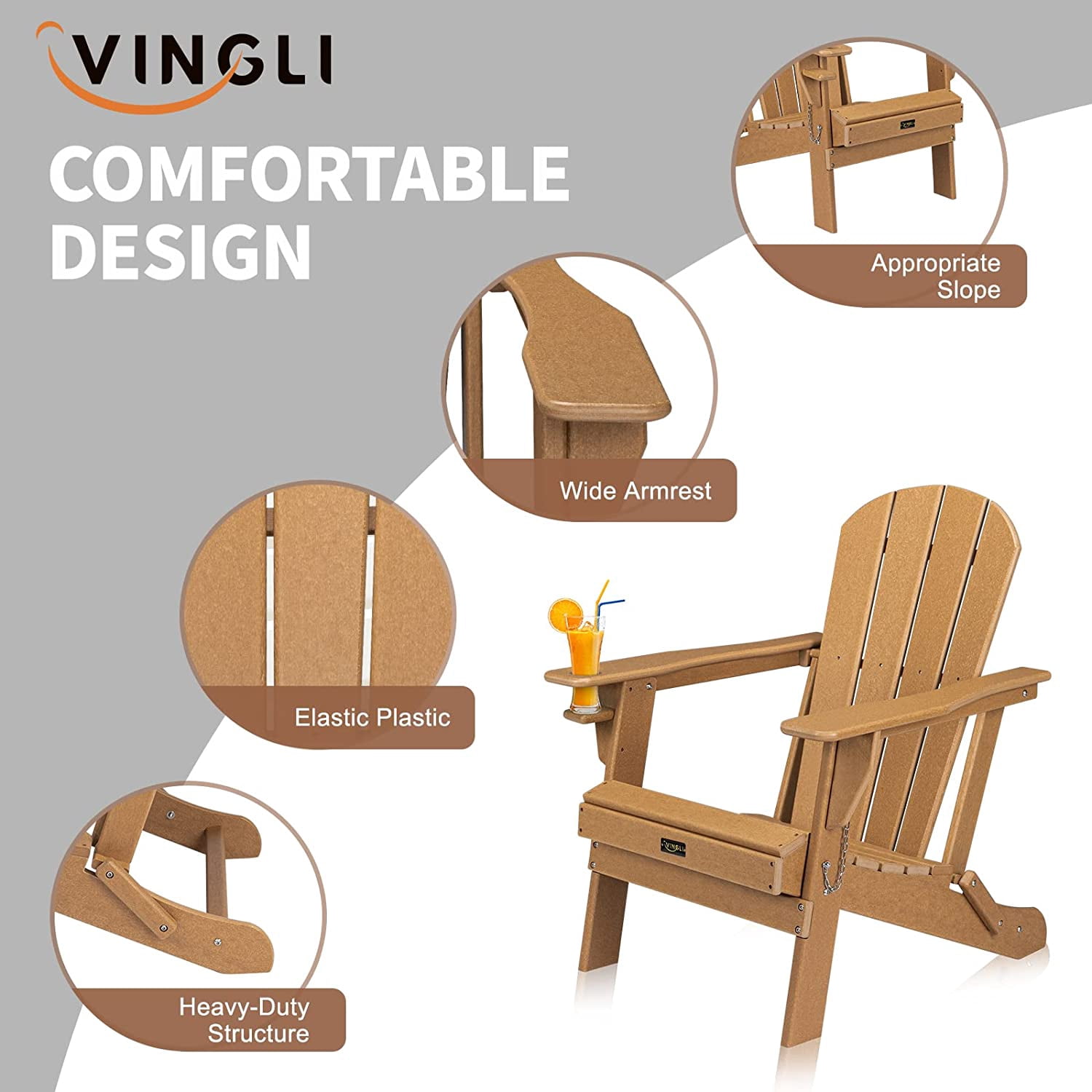 VINGLI Plastic Folding Adirondack Chair with Cup Holder, 100% Recyclable Waterproof HDPE Material, Comfortable 380lb Weight Capacity for Outdoor Pool Patio Lounge Chair Lawn Furniture Firepit (Teak)