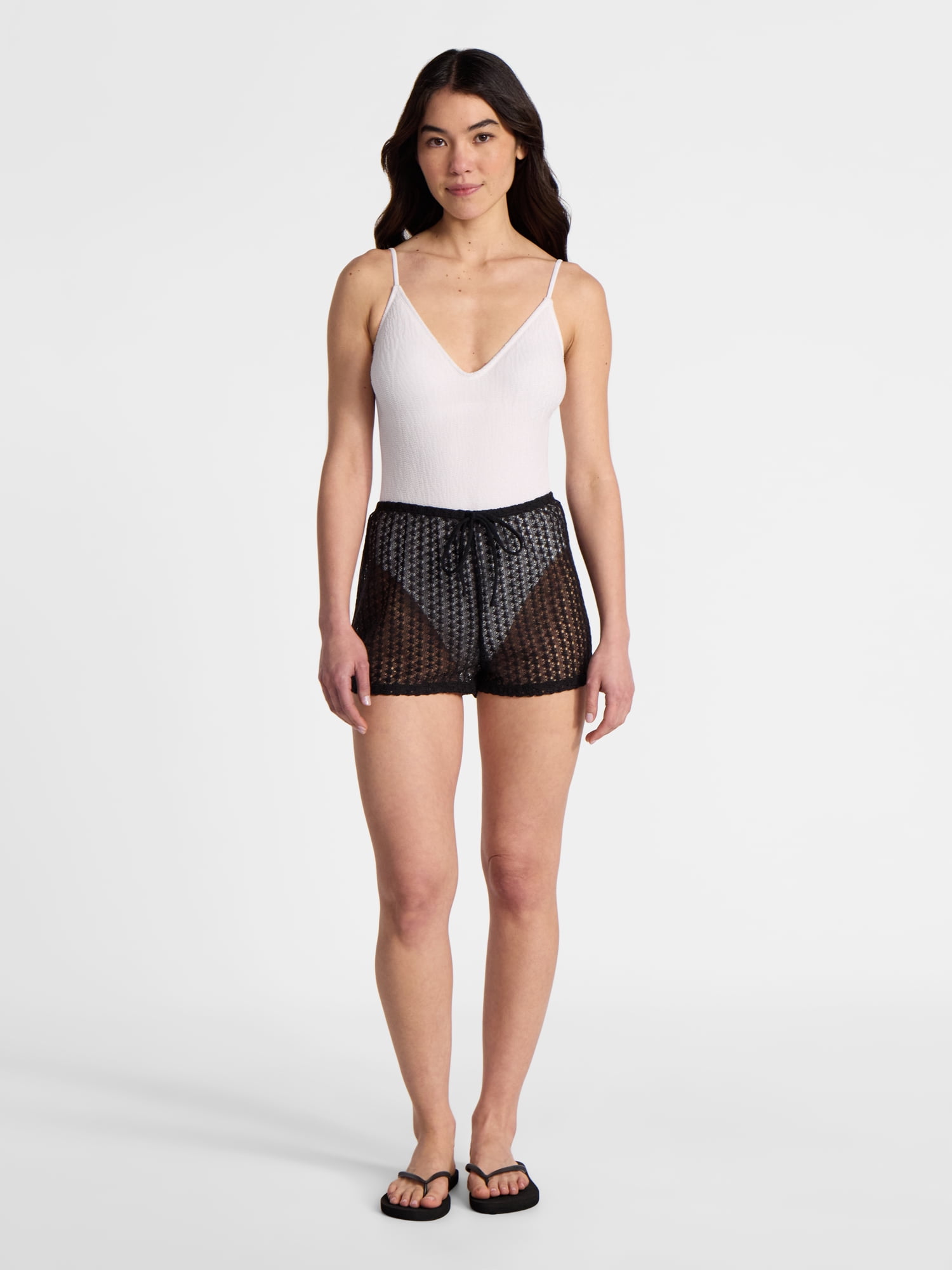 No Boundaries Crochet Drawstring Shorts Swim Coverup, Women’s