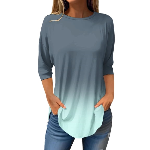 Womens Tops 3/4 Length Sleeve Tops Neck Casual Print Tunic T Shirts Three Quarter Length Tops Blouses For Women