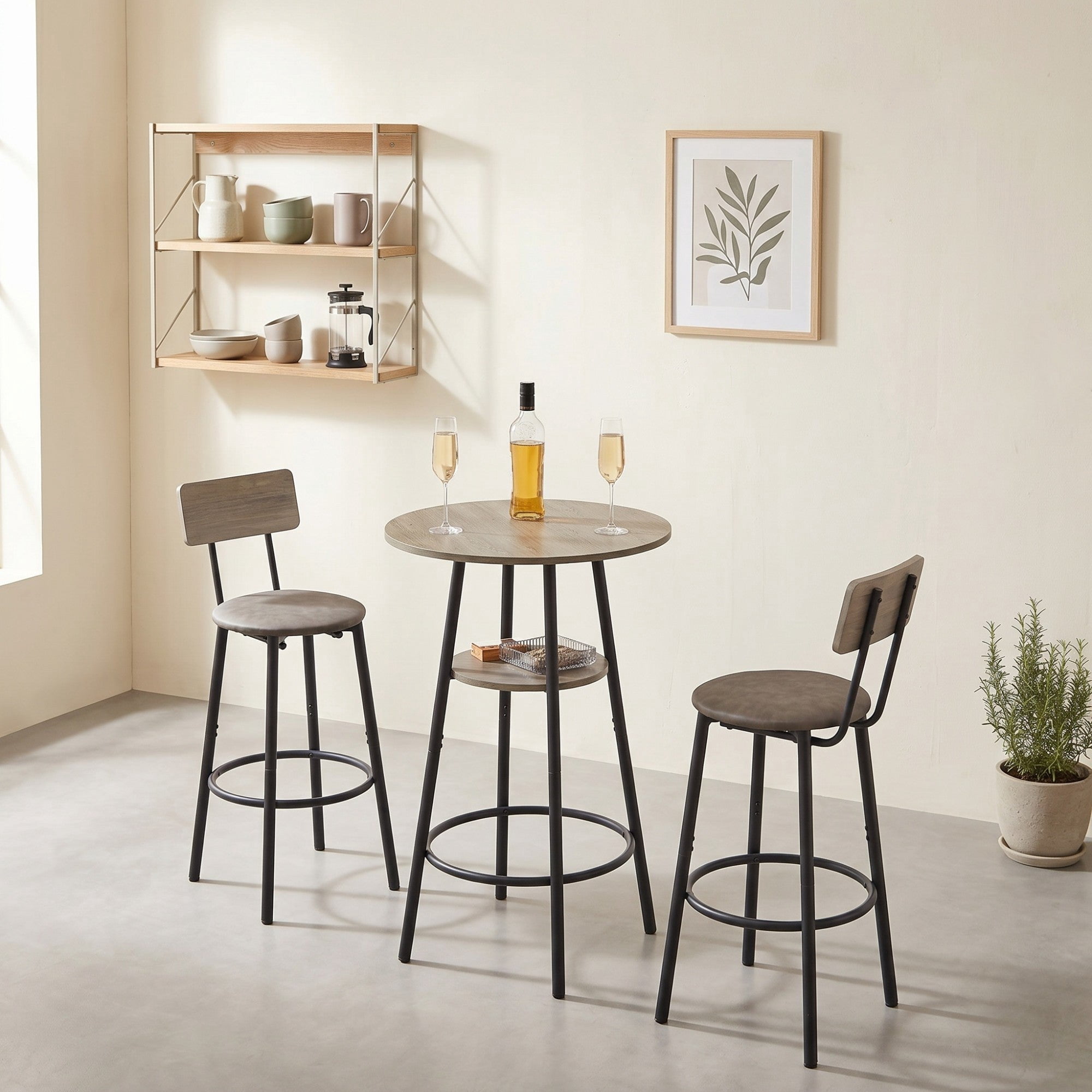 Sailvan Round Bar Stool Set with Storage Shelf, Upholstered Bar Stool with Backrest