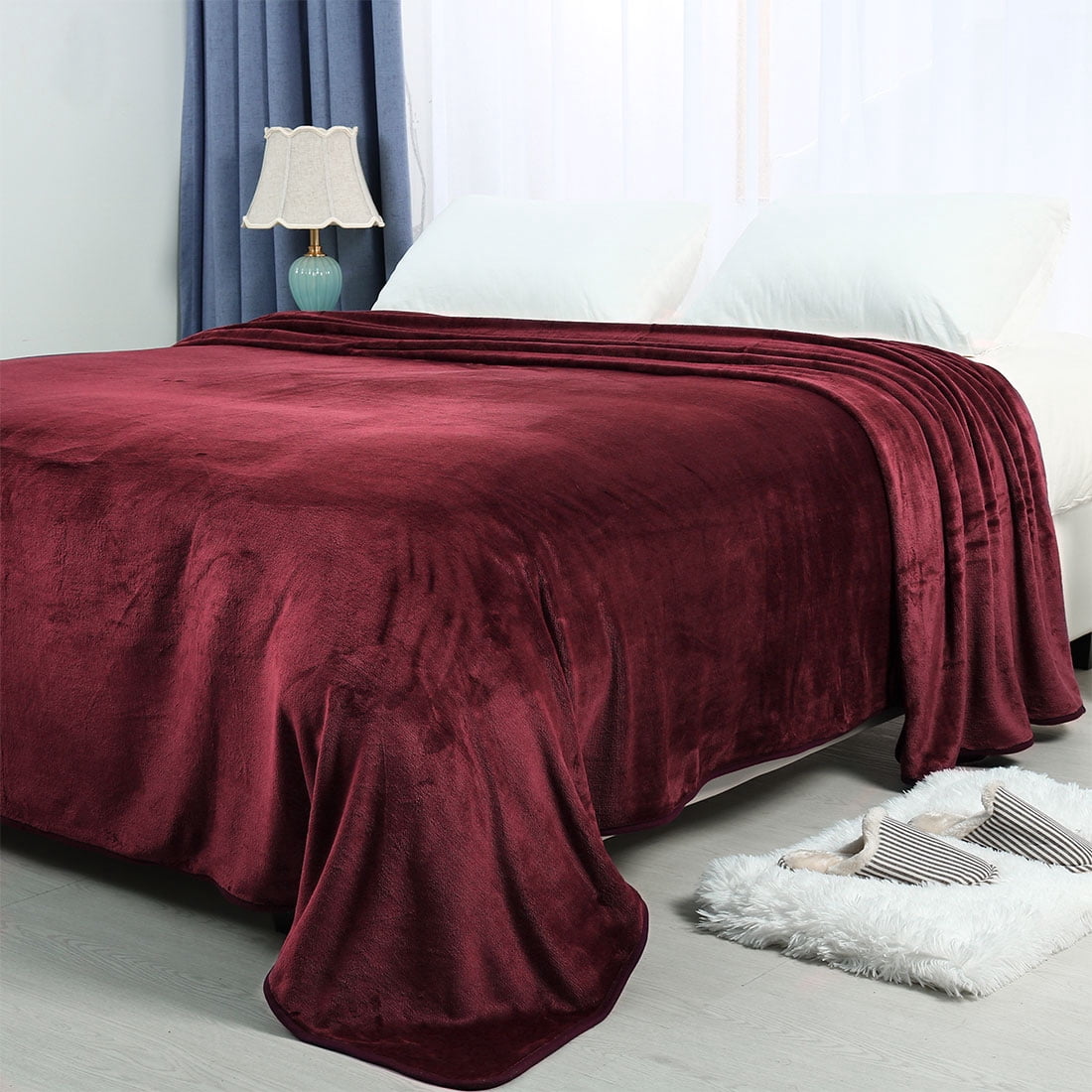 Unique Bargains Flannel Fleece Blanket Soft Luxury Hemmed Burgundy Queen
