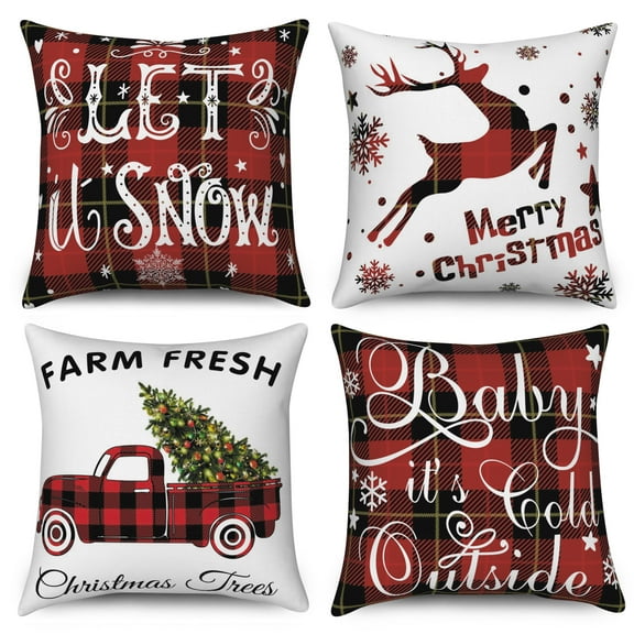 Christmas Plaid Outdoor Pillow Covers Set of 4,Red Truck Reindeer Pillowcase for Couch Home Decor,18x18 Inch