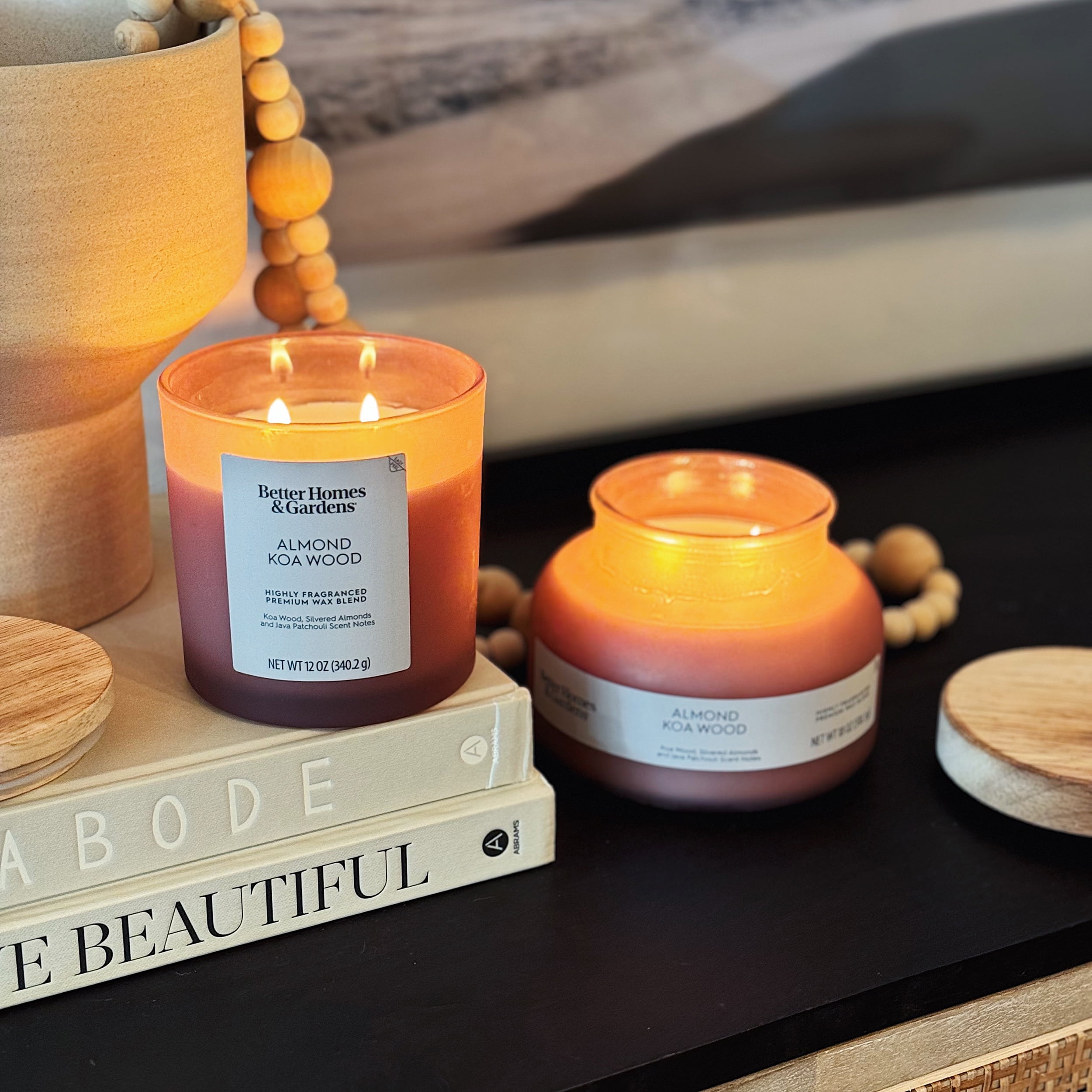 (2 pack) Better Homes and Gardens Almond Koa Wood Scented 2-Wick Frosted Jar Candle 18oz.