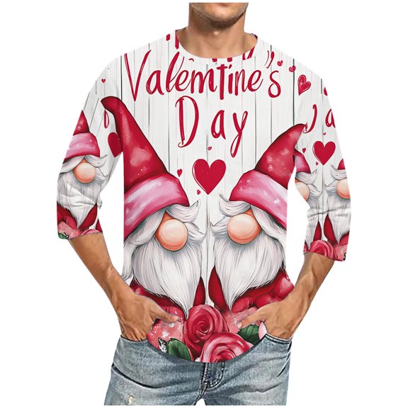 VBTAPA Valentines Day T-shirts for Men Funny Gnome Graphic Tees Holiday Casual 3/4 Length Sleeve Crewneck Tee Tops White XXXXXL
