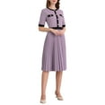 thumbnail image 2 of Women's Short Sleeve Pleated Dress 2025 Trendy Contrast Color Casual Work A-Line Midi Dresses S Purple, 2 of 5