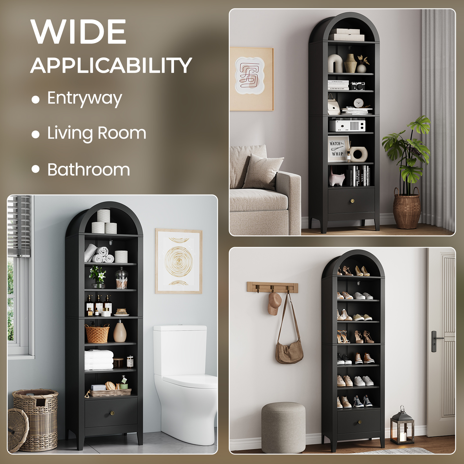 70" Arched Tall Kitchen Pantry Cabinet, 8-Tier Arched Storage Cabinet with Doors and Shelves, Shoe Cabinet for Entryway, Living Room, Hallway,Black