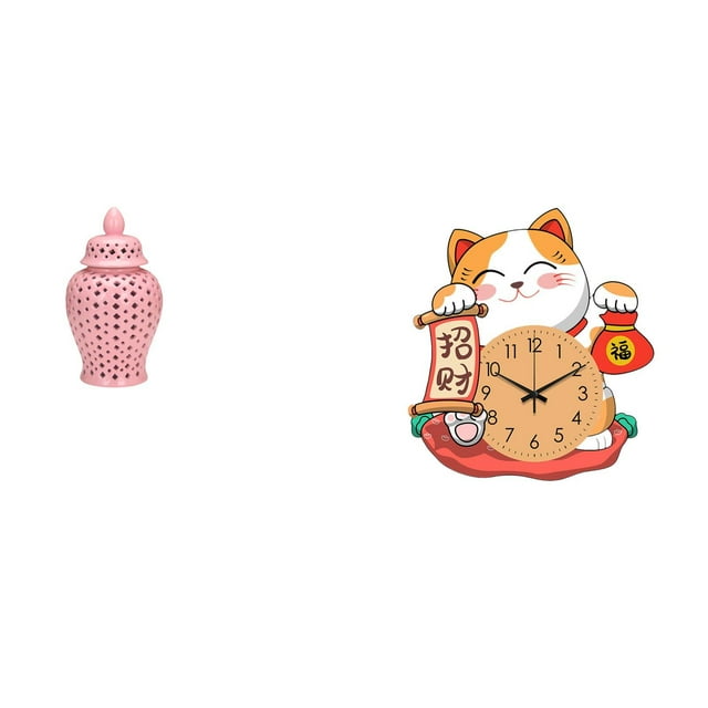 Jarrón De Porcelana Con Tapa, Ideal Para Arreglos Florales, Y Reloj De Pared Silencioso Con Forma De Gato. Decoración Colgante Para Dormitorio Infantil, Cocina Y Hogar.