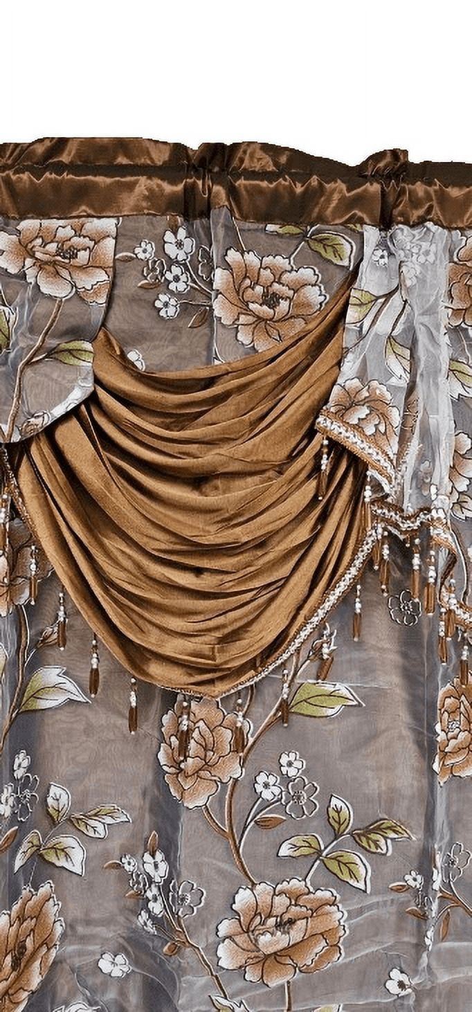 2 Piece Daniela Printed Flowers Luxury Jacquard Attached Valance with Long Crystals Beads and Tassels Window Curtain (54 inches wide x 84 inches long)