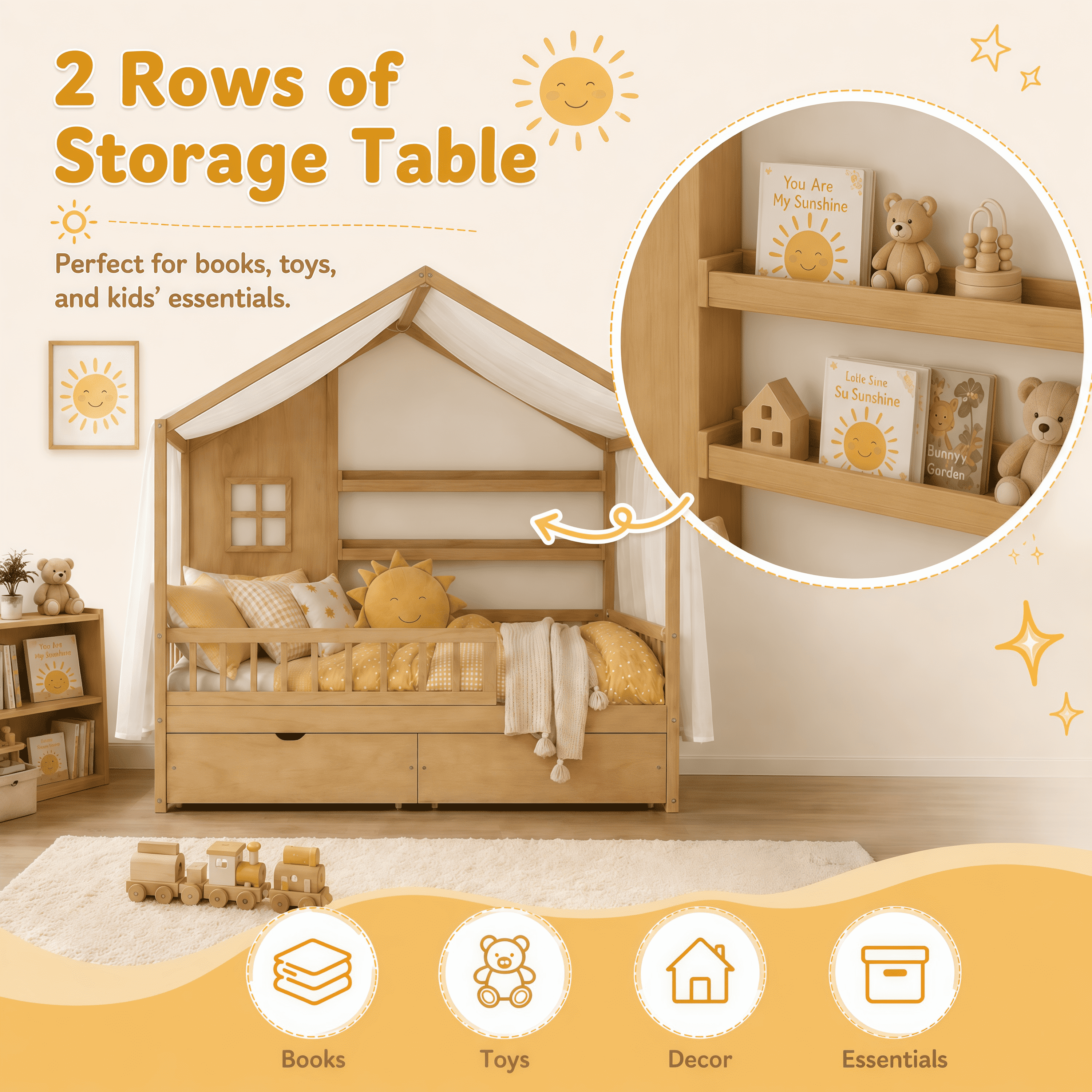 Euroco Wood Twin Size House Bed with Roof and Curtains, Montessori Floor Bed with Drawers and Safety Guardrails,No Box Spring Needed, Natural