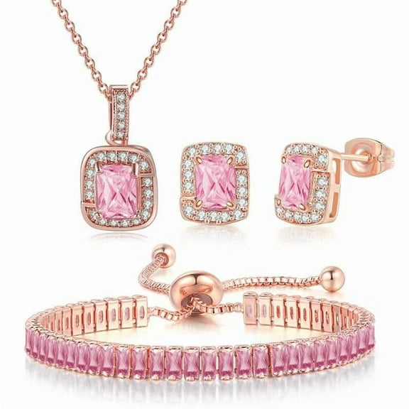 Bonjour Jewelers 18K Rose Gold Created Pink Sapphire Princess Halo Pendant Necklace, Earrings And Tennis Bracelet Jewelry Set Plated