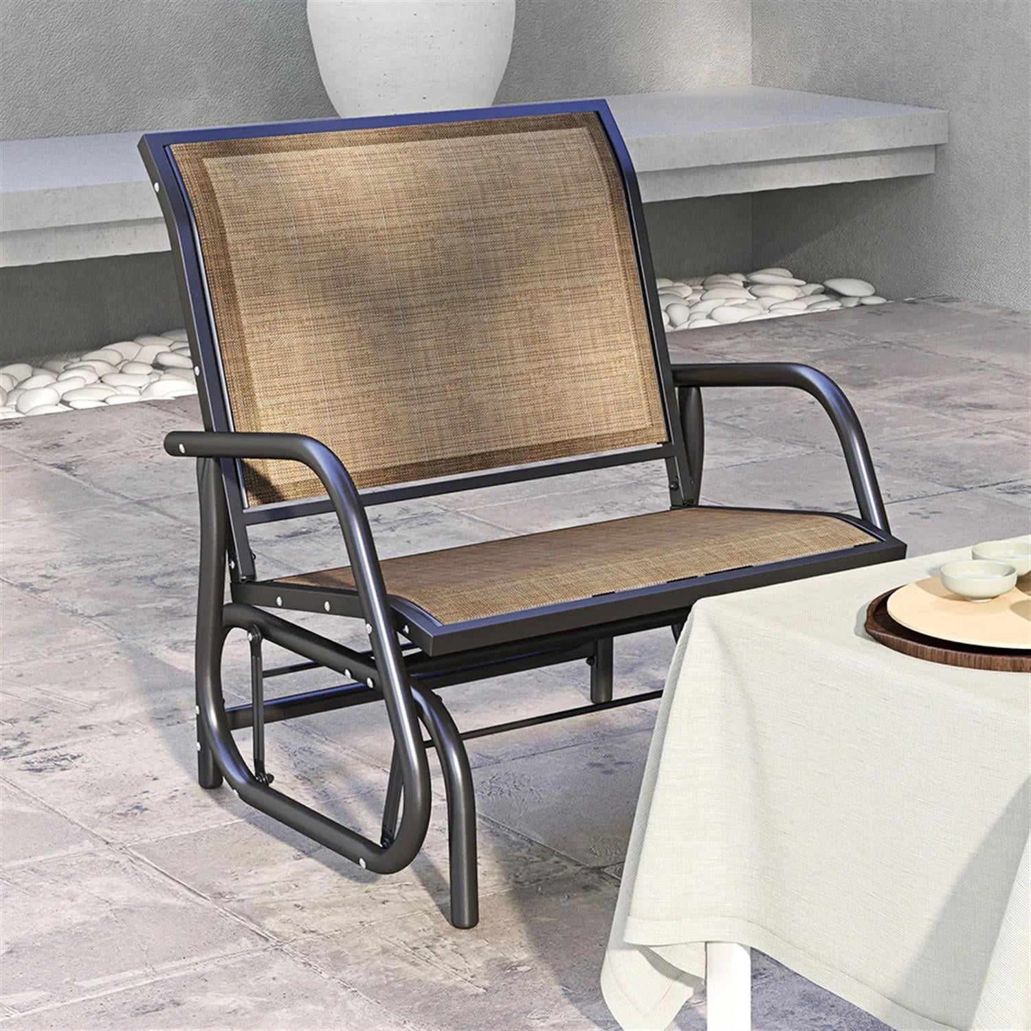 Demi Bonn Outdoor Glider Chairs, Metal Frame Swing Glider Chair with Breathable Mesh Fabric, Curved Armrests and Steel Frame for Garden, Poolside, Backyard, Balcony, Light Brown