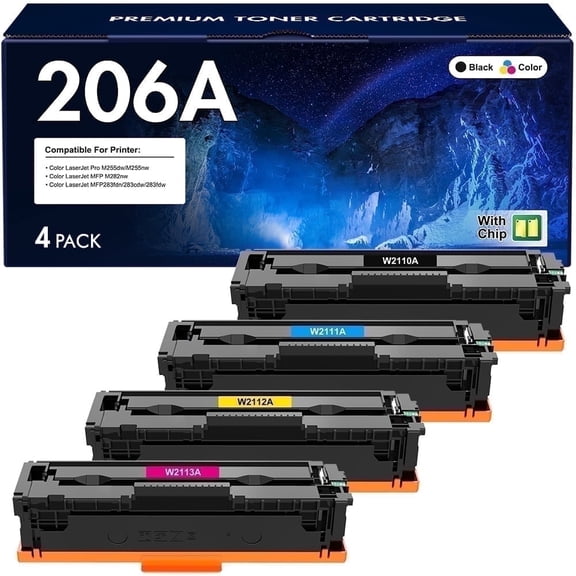 206A Toner Cartridge With Chip Compatible for 206A 206X W2110A W2110X Color LaserJet Pro MFP M283fdw M283cdw M255dw M283fdn M282nw M283 M255 Series Printer Ink (Black Cyan Magenta Yellow 4-Pack)