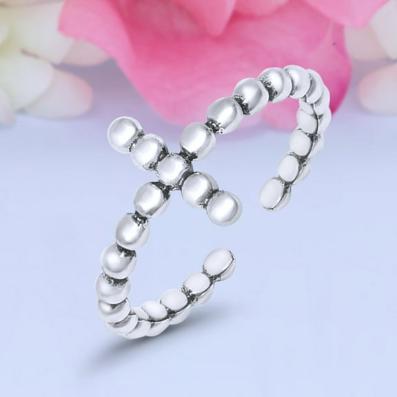 9mm - Beaded Cross Toe Band Ring 925 Sterling Silver Thin Adjustable Stylish Rings for Women
