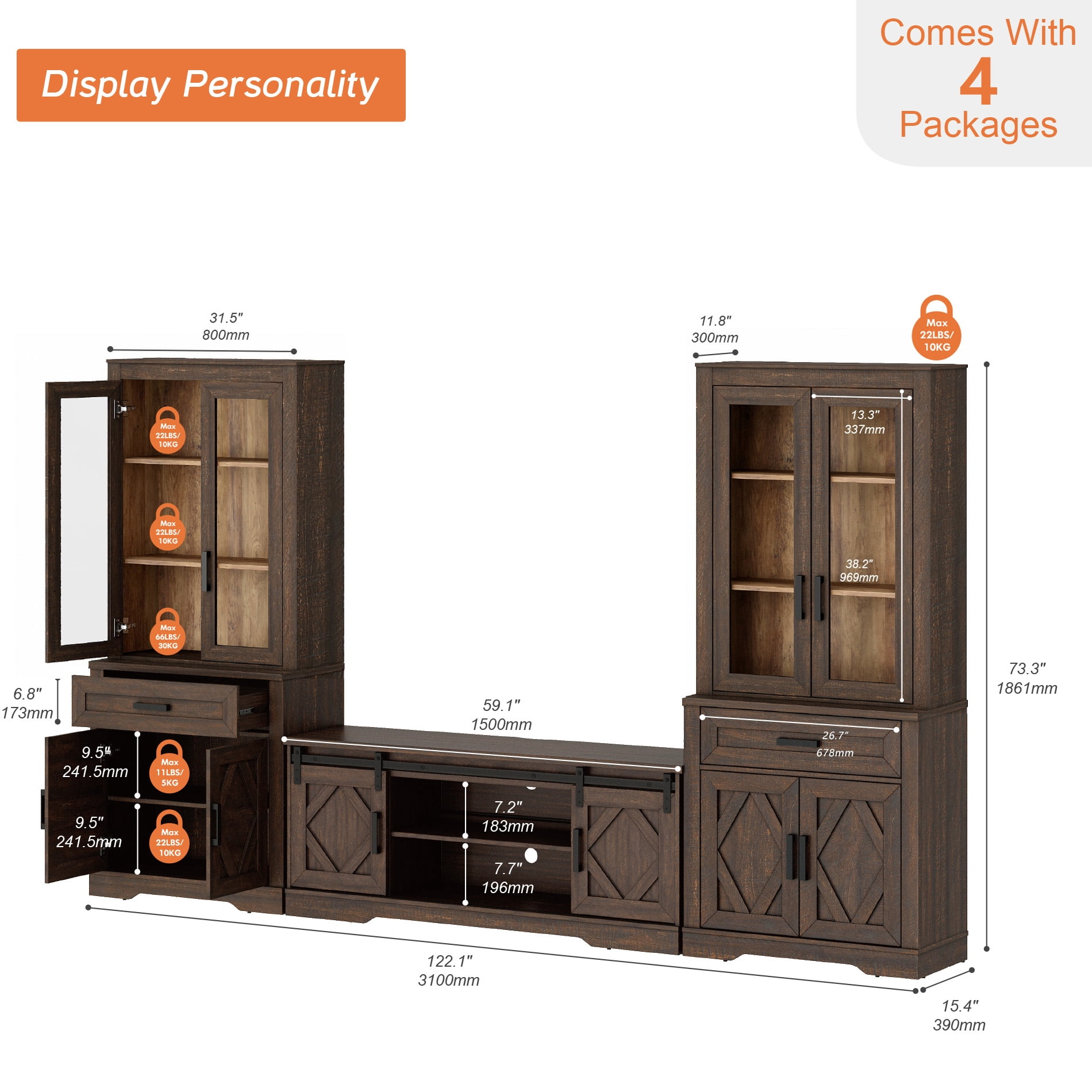 WAMPAT Farmhouse Entertainment Center with Bookshelf for TVs up to 65",Mid Century Modern TV Stand with 73"H Tall 5-Tier Bookcase with Open Storage and Barn Doors for Living Room,Espresso