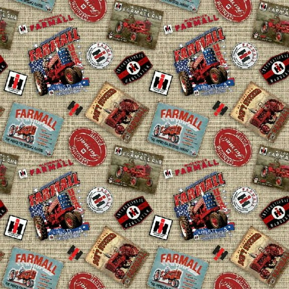 Cotton Farmall Farm Tractor Fabric Farmall Logos Burlap Sykel Enterprises Cotton Fabric Print by the Yard (10528-Natural)