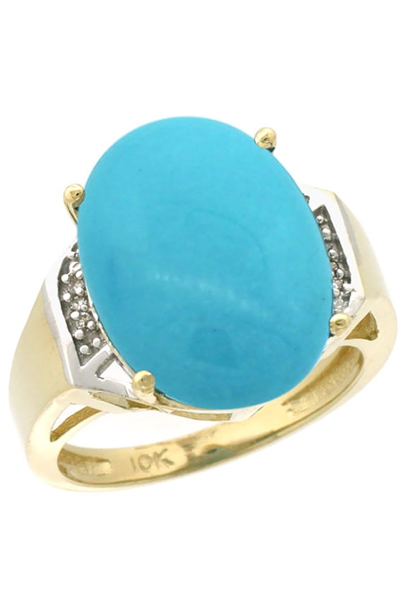 14K Yellow Gold Natural Diamond Sleeping Beauty Turquoise Ring Oval 16x12mm, size 7.5