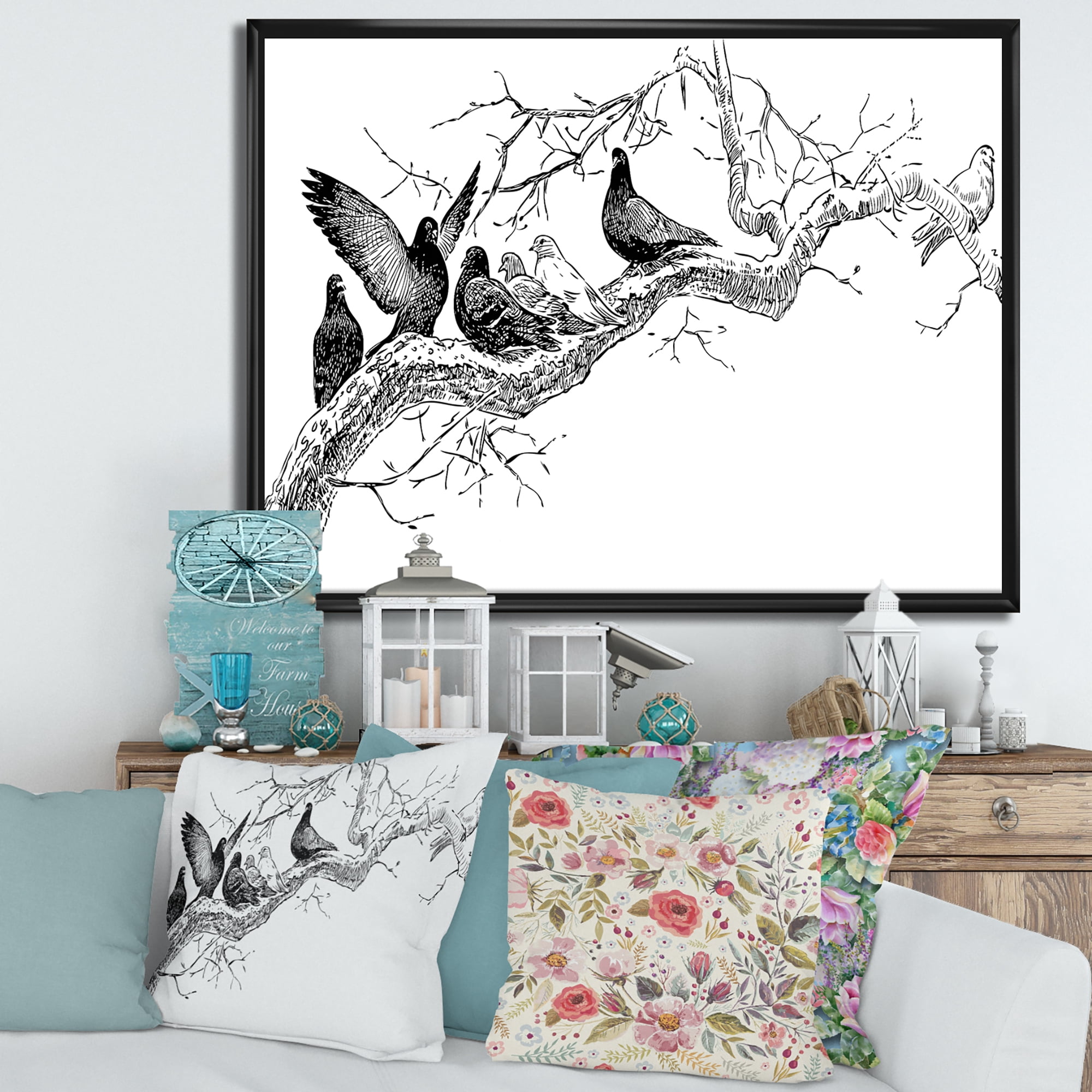 Pigeons Sitting On The Tree Branch 20 in x 12 in Framed Painting Canvas Art Print, by Designart
