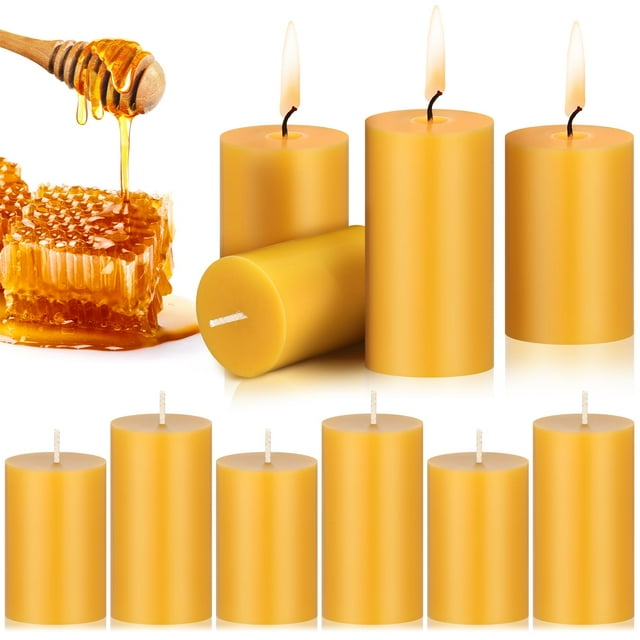 Threlaco 10 Pcs Pure Beeswax Candles Set Natural Unscented Beeswax Pillar Candle 2 x 3 Inch 2 x 4 Inch Smokeless Bees Wax Long Burn Time Scentless Candles for Prayer Room Deco