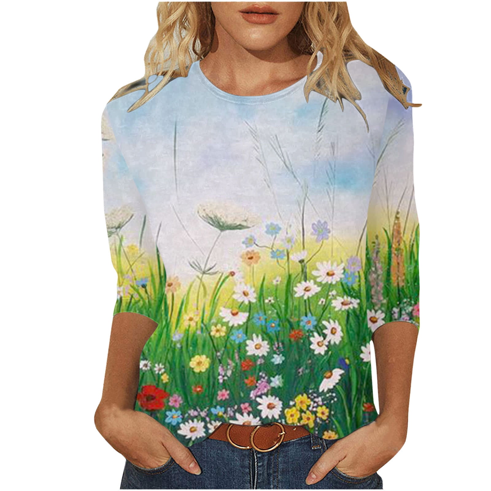 Womens Long Sleeve Round Neck Tshirts Women's Pullover Bottom Floral Print Crew Neck Top Long