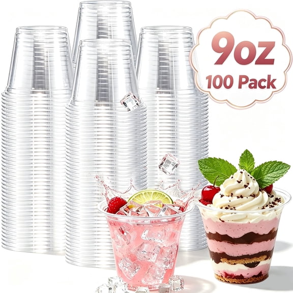 Lamosi Disposable Clear Plastic Cups, 9 oz Crystal Cold Cups, PET Food-Grade Material, 100 Count