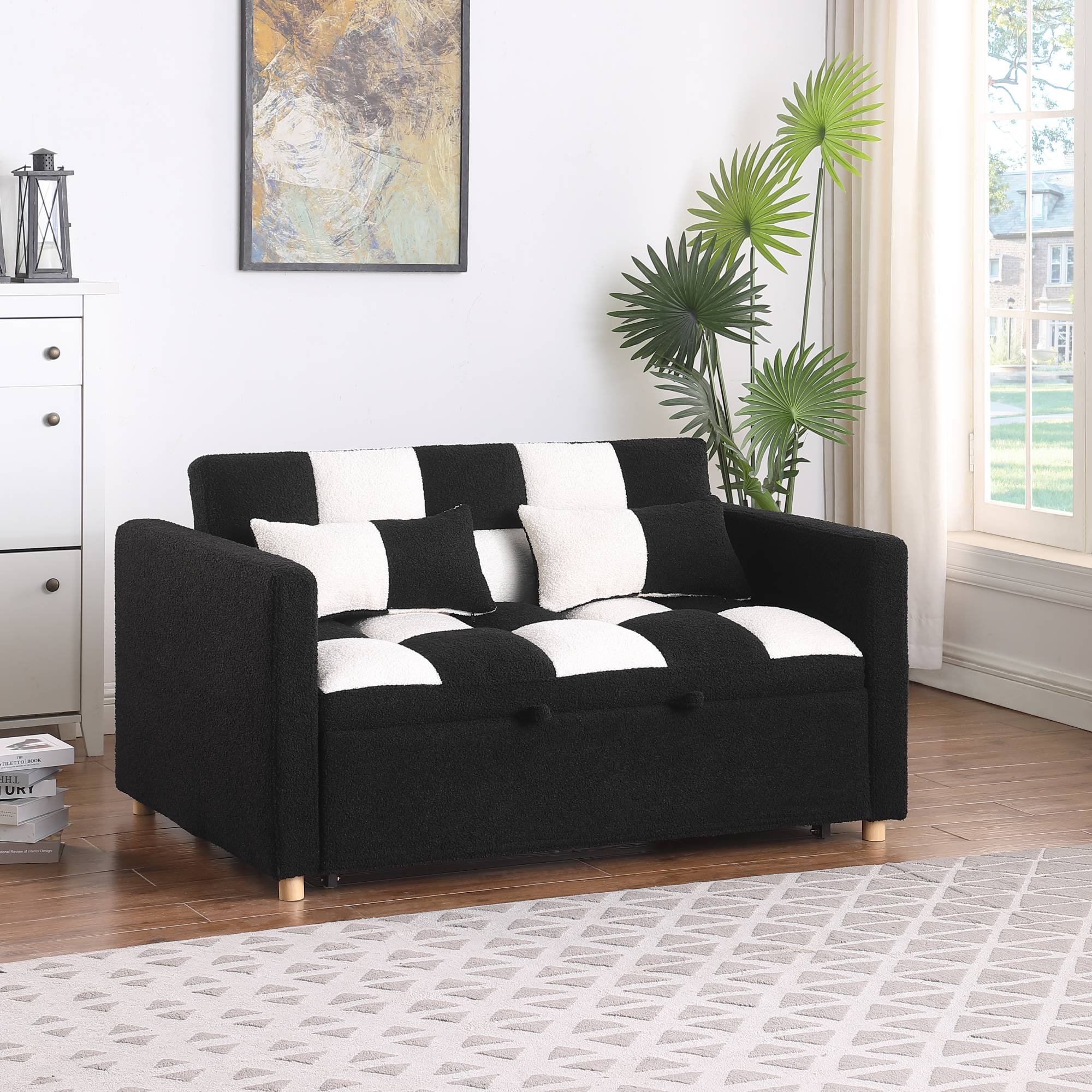 3 in 1 Convertible Pull Out Sofa Bed, Teddy Sleeper Sofa Couch with Adjustable Backrest, Loveseat with Pull Out Bed for Living Room, Black