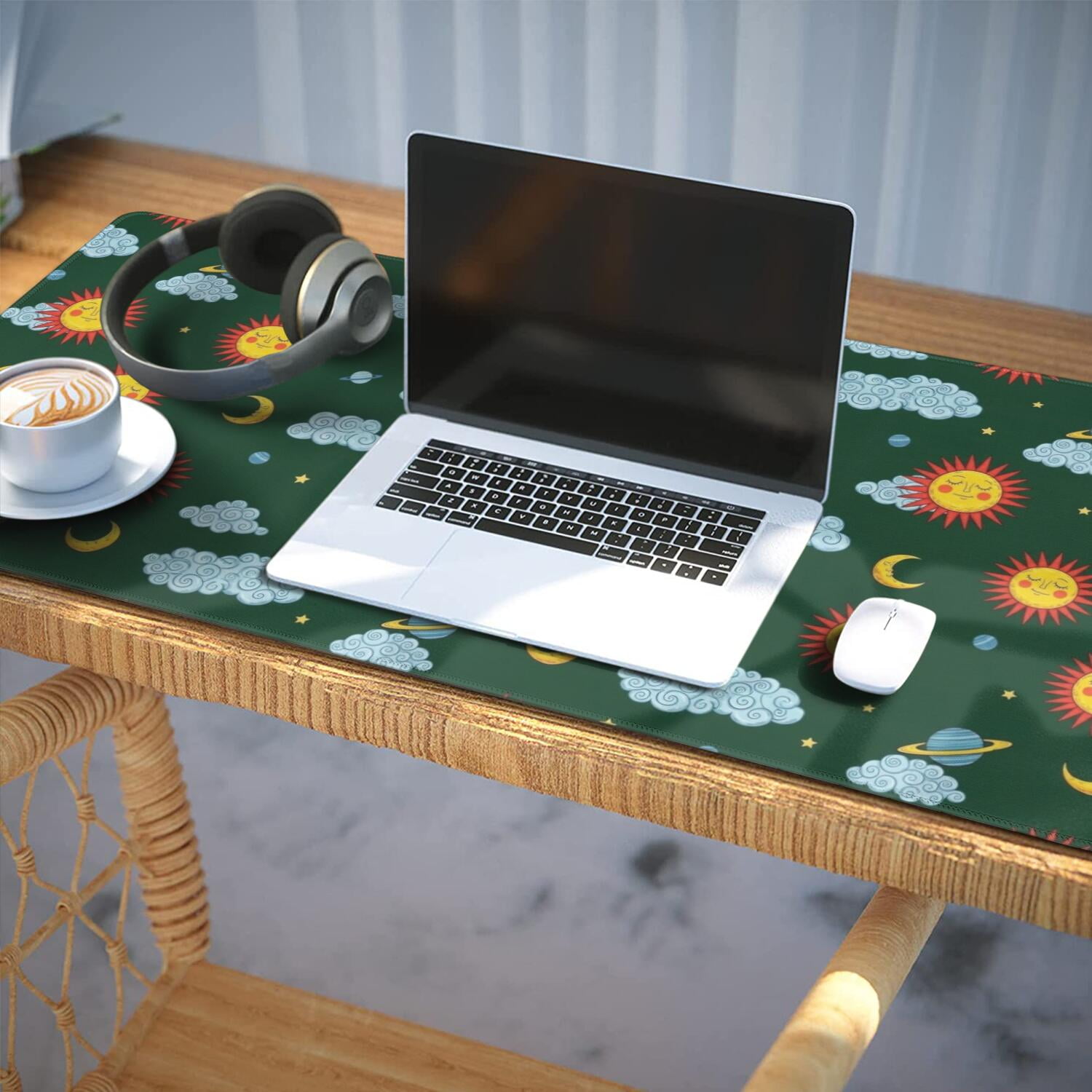 Long Mouse Pads for Desk,Green Sun Moon Cloud Planet Pattern Desk Mats on Top Of Desks, Desk Mouse Pad Extra Large with 3mm Non-Slip Base and Stitched Edge for Gaming,Office,Work,Home 35.4"x15.7"