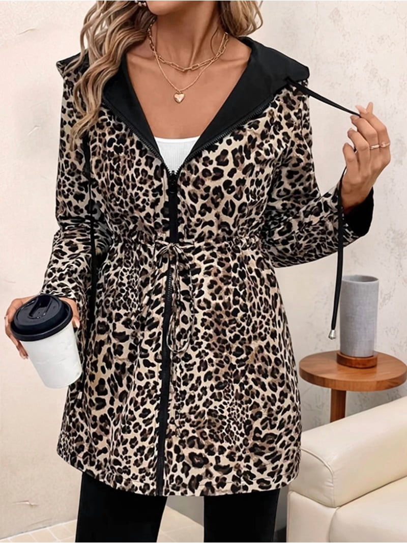 Full Leopard Katigan Women'S Reversible Hooded Casual Coat Full Zip Up Windbreaker ...