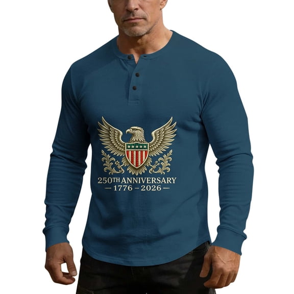 Usa 250th Anniversary Merchandise, 4th of July Shirts for Men Patriotic Long Sleeve Tops Eagle Print Shirt Button Up Henley Pullover