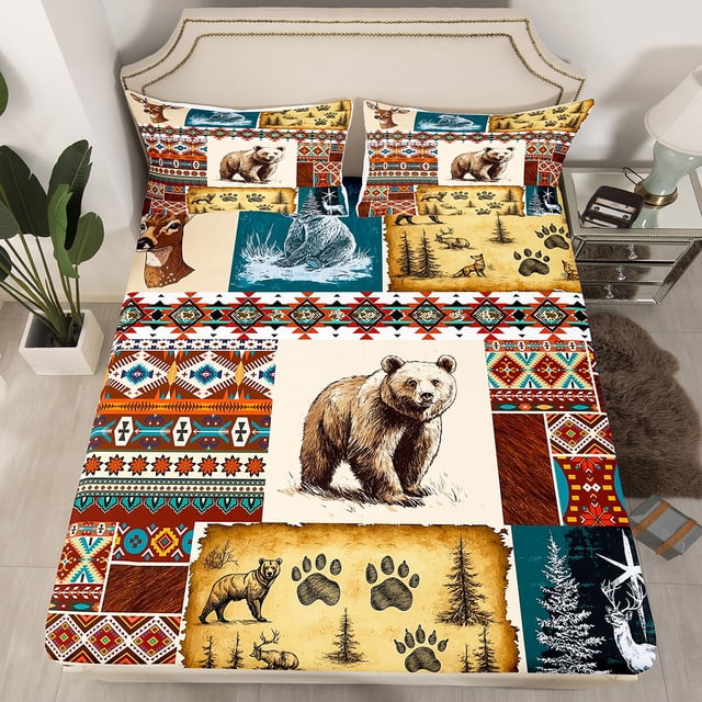 Erosebridal Drap-Housse Adulte Aztèque Jumeau, Ensemble de Literie Animaux de la Forêt Taille Jumeau, Décor Patchwork Rustique (Sans Drap Plat)