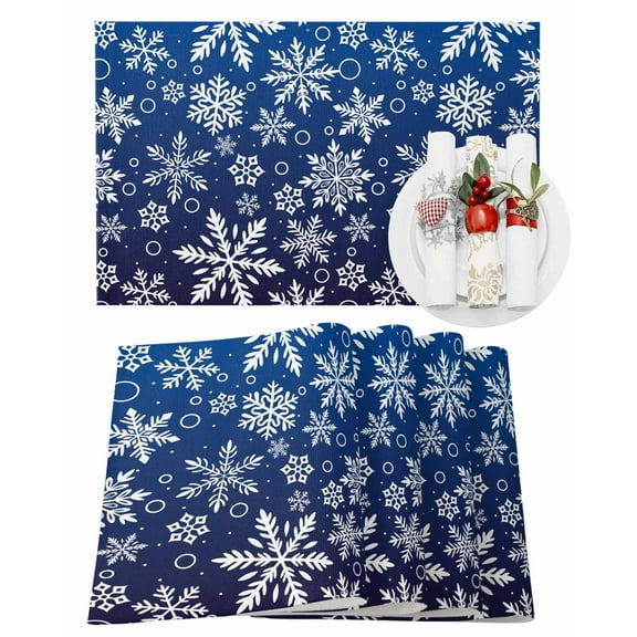 Christmas Placemats Set of 4, Navy Blue Snowflake Place Mats Winter Snow Placemat Table Decoration for Kitchen Table Dinner Xmas Holiday Party Home Decor Indoor Outdoor 13x19 Inch