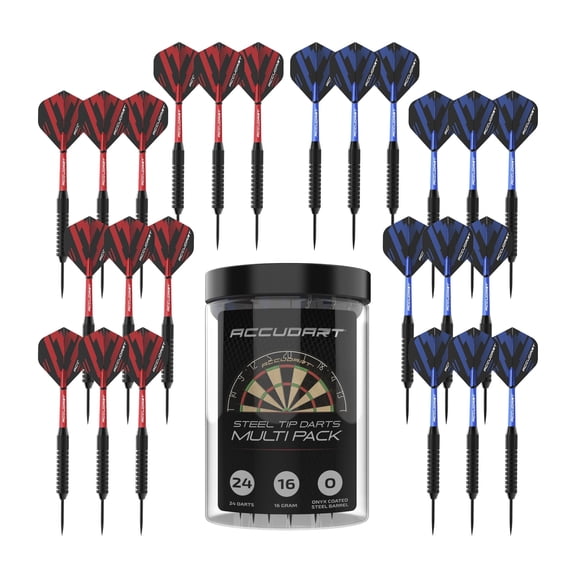 Accudart 24pk Steel Tip Dart Multi-Pack - Onyx Coated Steel Tip Barrel - Polycarbonate Shafts - Standard Poly Flights